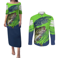Bass Master Fishing Couples Matching Puletasi and Long Sleeve Button Shirt with Jumping Largemouth Bass and Green Wave Pattern - Wonder Print Shop