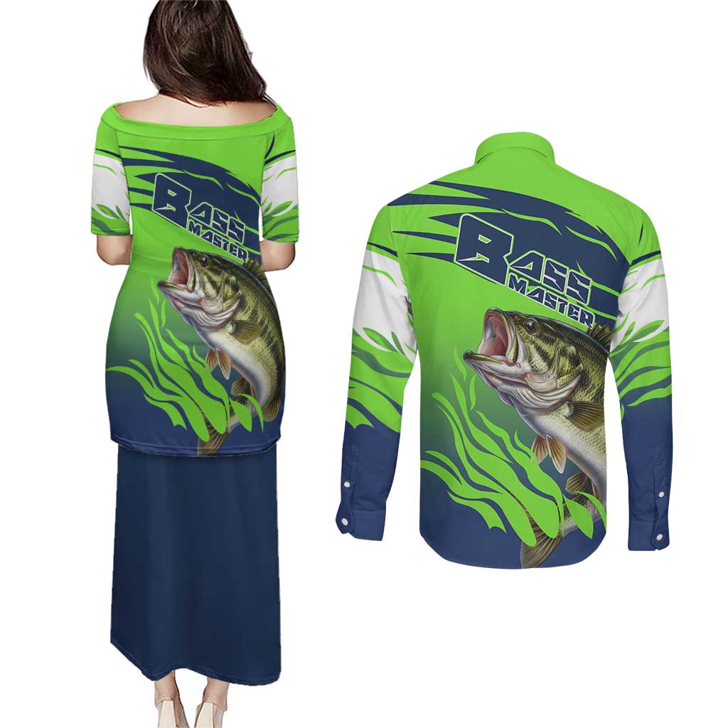 Bass Master Fishing Couples Matching Puletasi and Long Sleeve Button Shirt with Jumping Largemouth Bass and Green Wave Pattern - Wonder Print Shop