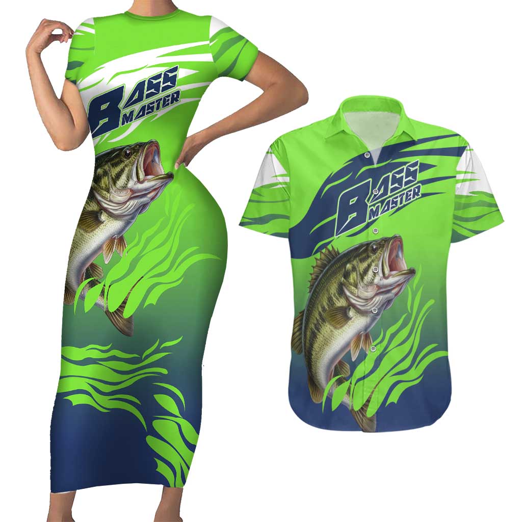Bass Master Fishing Couples Matching Short Sleeve Bodycon Dress and Hawaiian Shirt with Jumping Largemouth Bass and Green Wave Pattern - Wonder Print Shop