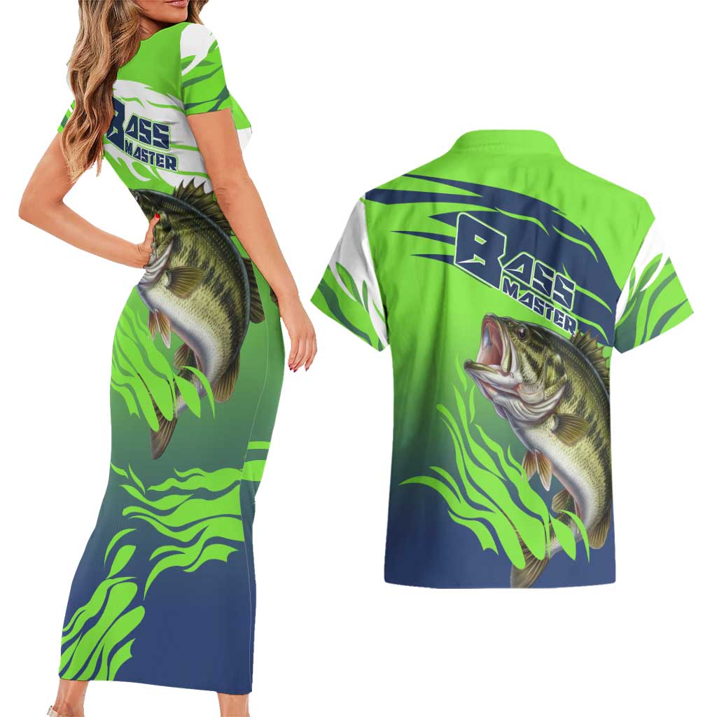 Bass Master Fishing Couples Matching Short Sleeve Bodycon Dress and Hawaiian Shirt with Jumping Largemouth Bass and Green Wave Pattern - Wonder Print Shop