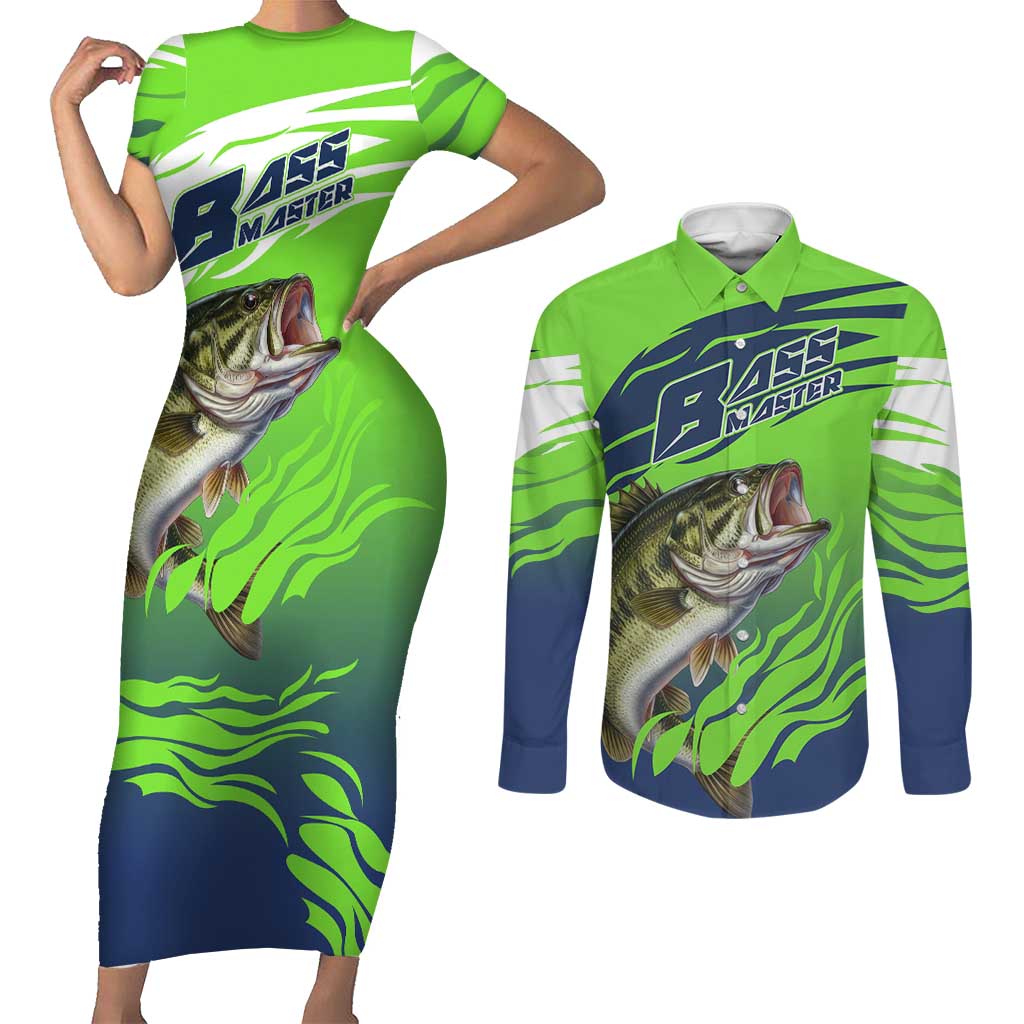 Bass Master Fishing Couples Matching Short Sleeve Bodycon Dress and Long Sleeve Button Shirt with Jumping Largemouth Bass and Green Wave Pattern - Wonder Print Shop