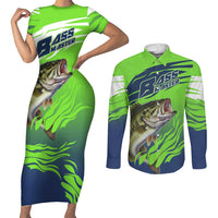 Bass Master Fishing Couples Matching Short Sleeve Bodycon Dress and Long Sleeve Button Shirt with Jumping Largemouth Bass and Green Wave Pattern - Wonder Print Shop
