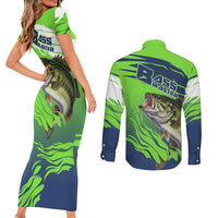 Bass Master Fishing Couples Matching Short Sleeve Bodycon Dress and Long Sleeve Button Shirt with Jumping Largemouth Bass and Green Wave Pattern - Wonder Print Shop