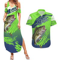 Bass Master Fishing Couples Matching Summer Maxi Dress and Hawaiian Shirt with Jumping Largemouth Bass and Green Wave Pattern - Wonder Print Shop