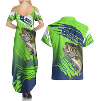 Bass Master Fishing Couples Matching Summer Maxi Dress and Hawaiian Shirt with Jumping Largemouth Bass and Green Wave Pattern - Wonder Print Shop