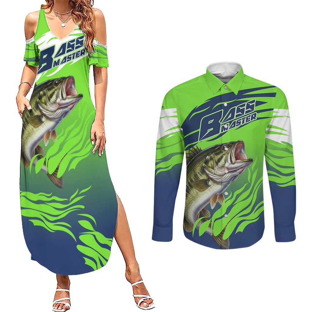 Bass Master Fishing Couples Matching Summer Maxi Dress and Long Sleeve Button Shirt with Jumping Largemouth Bass and Green Wave Pattern - Wonder Print Shop