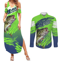 Bass Master Fishing Couples Matching Summer Maxi Dress and Long Sleeve Button Shirt with Jumping Largemouth Bass and Green Wave Pattern - Wonder Print Shop