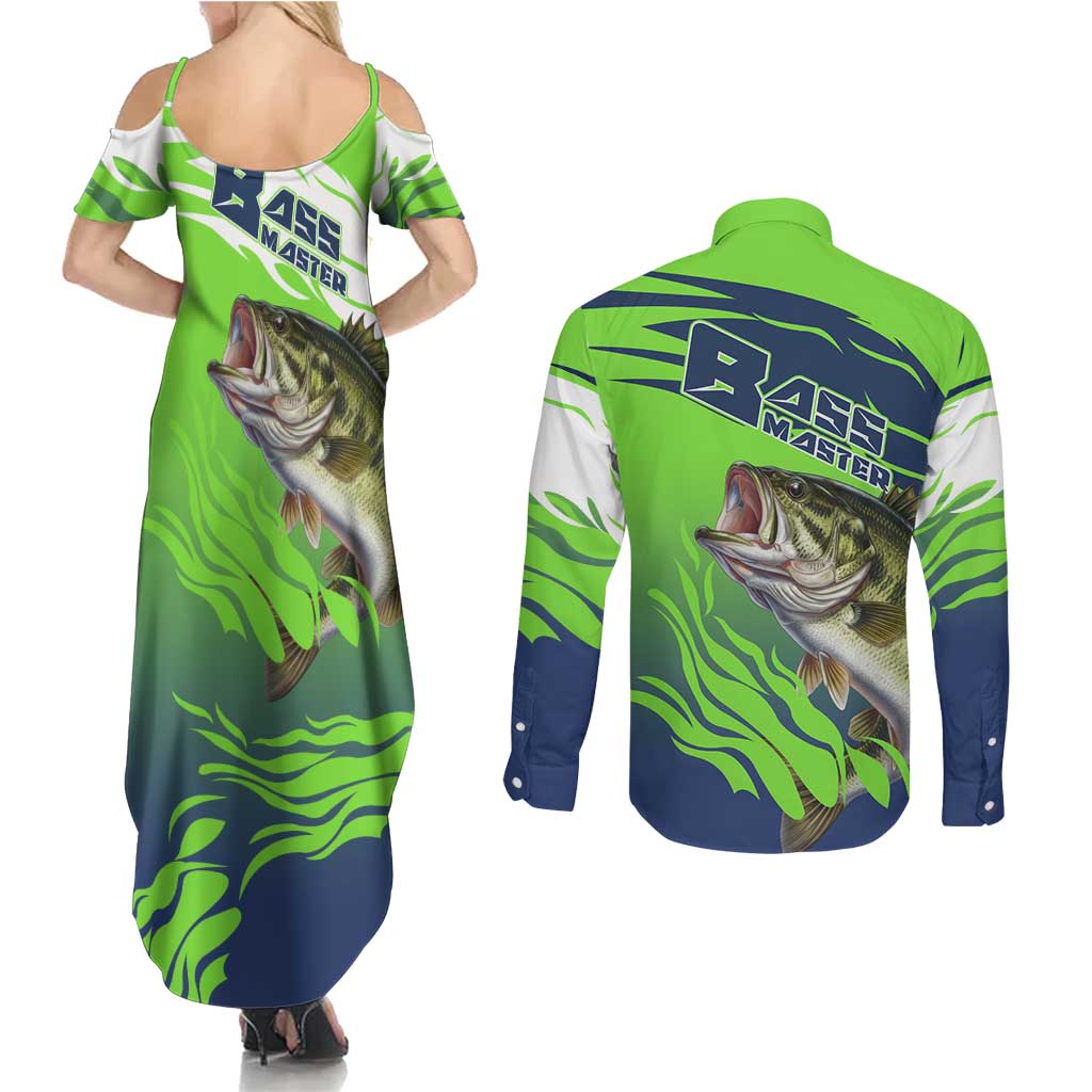 Bass Master Fishing Couples Matching Summer Maxi Dress and Long Sleeve Button Shirt with Jumping Largemouth Bass and Green Wave Pattern - Wonder Print Shop