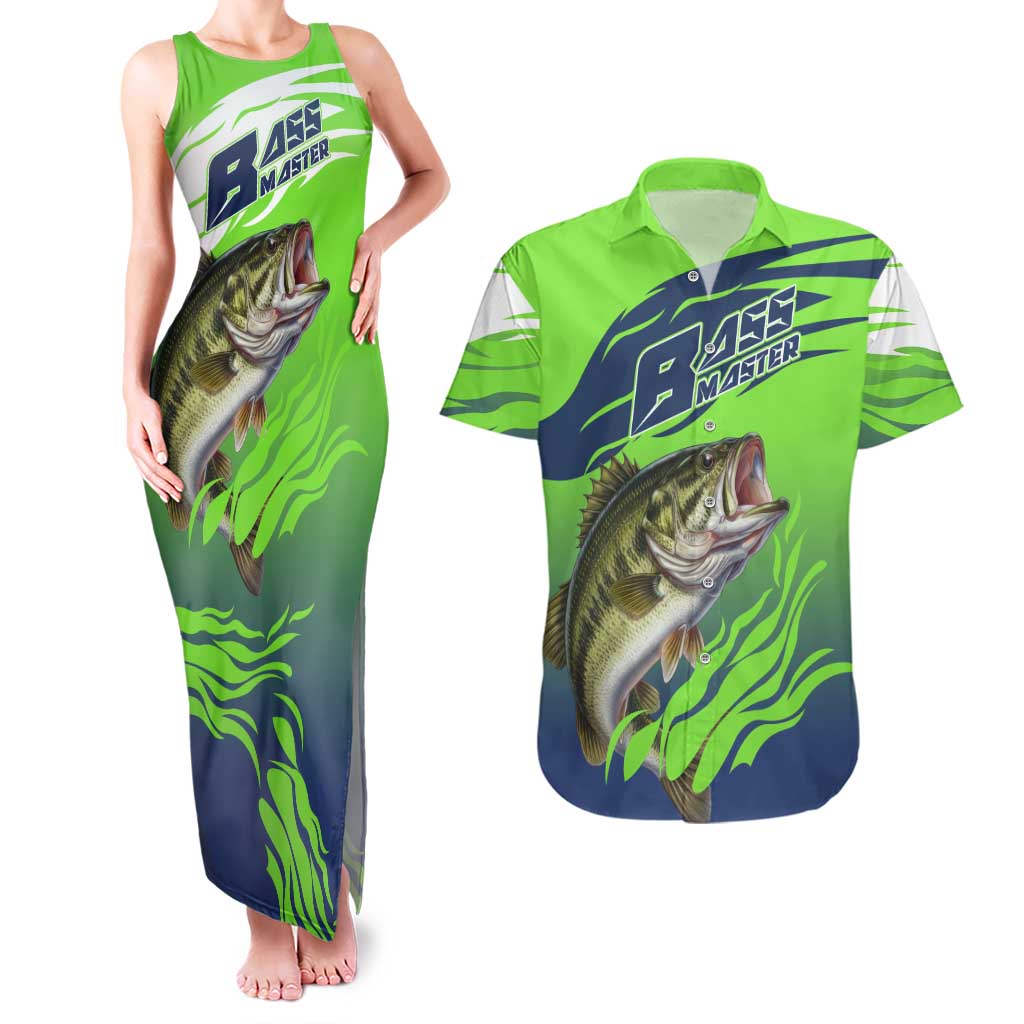 Bass Master Fishing Couples Matching Tank Maxi Dress and Hawaiian Shirt with Jumping Largemouth Bass and Green Wave Pattern - Wonder Print Shop