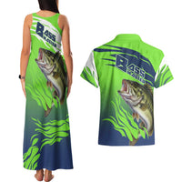 Bass Master Fishing Couples Matching Tank Maxi Dress and Hawaiian Shirt with Jumping Largemouth Bass and Green Wave Pattern - Wonder Print Shop