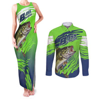 Bass Master Fishing Couples Matching Tank Maxi Dress and Long Sleeve Button Shirt with Jumping Largemouth Bass and Green Wave Pattern - Wonder Print Shop