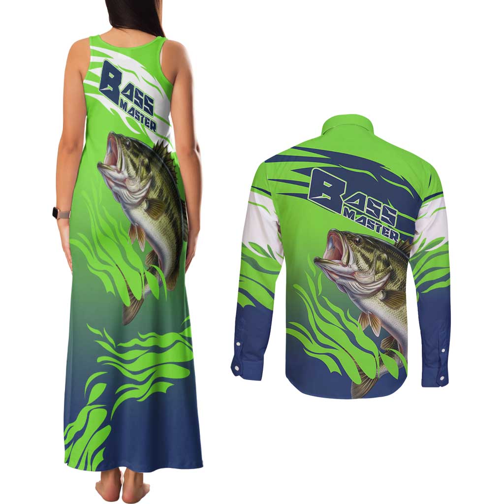 Bass Master Fishing Couples Matching Tank Maxi Dress and Long Sleeve Button Shirt with Jumping Largemouth Bass and Green Wave Pattern - Wonder Print Shop