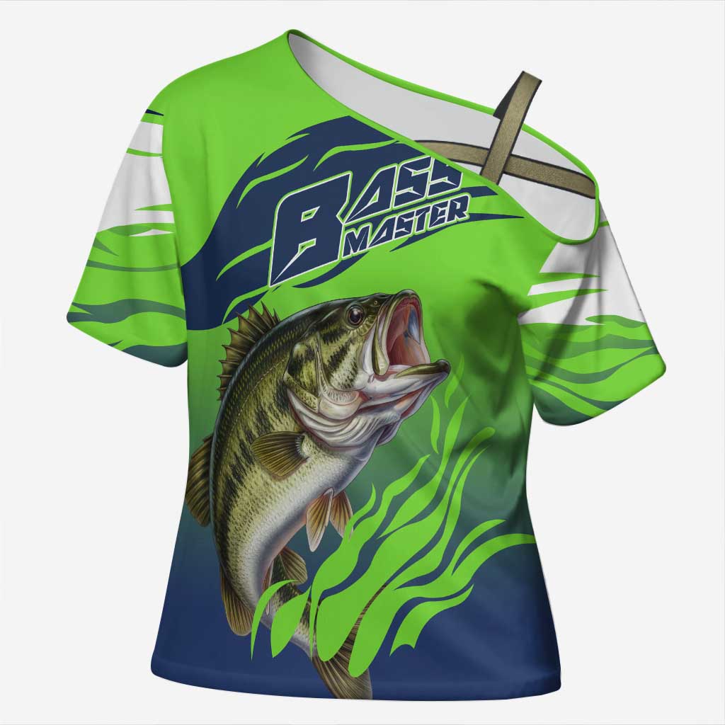 Bass Master Fishing Cross Shoulder Shirt with Jumping Largemouth Bass and Green Wave Pattern - Wonder Print Shop