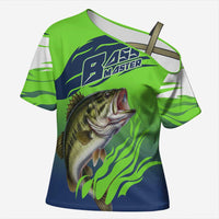 Bass Master Fishing Cross Shoulder Shirt with Jumping Largemouth Bass and Green Wave Pattern - Wonder Print Shop