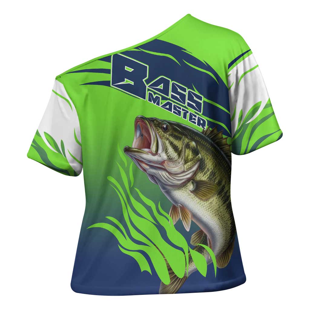 Bass Master Fishing Cross Shoulder Shirt with Jumping Largemouth Bass and Green Wave Pattern - Wonder Print Shop