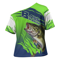 Bass Master Fishing Cross Shoulder Shirt with Jumping Largemouth Bass and Green Wave Pattern - Wonder Print Shop