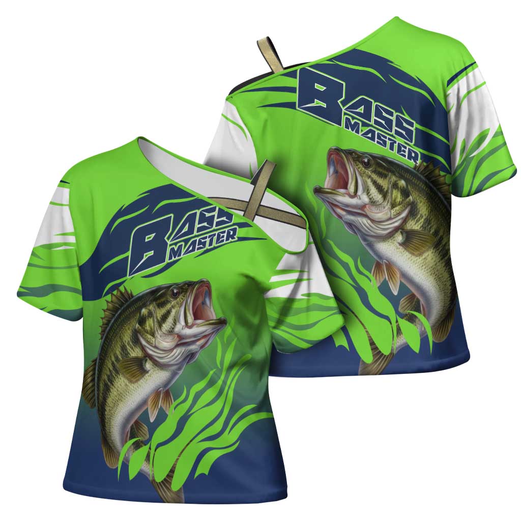 Bass Master Fishing Cross Shoulder Shirt with Jumping Largemouth Bass and Green Wave Pattern - Wonder Print Shop