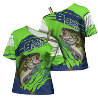 Bass Master Fishing Cross Shoulder Shirt with Jumping Largemouth Bass and Green Wave Pattern - Wonder Print Shop