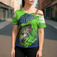 Bass Master Fishing Cross Shoulder Shirt with Jumping Largemouth Bass and Green Wave Pattern - Wonder Print Shop
