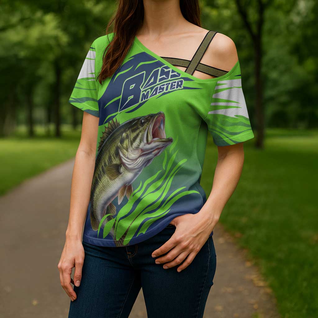 Bass Master Fishing Cross Shoulder Shirt with Jumping Largemouth Bass and Green Wave Pattern - Wonder Print Shop