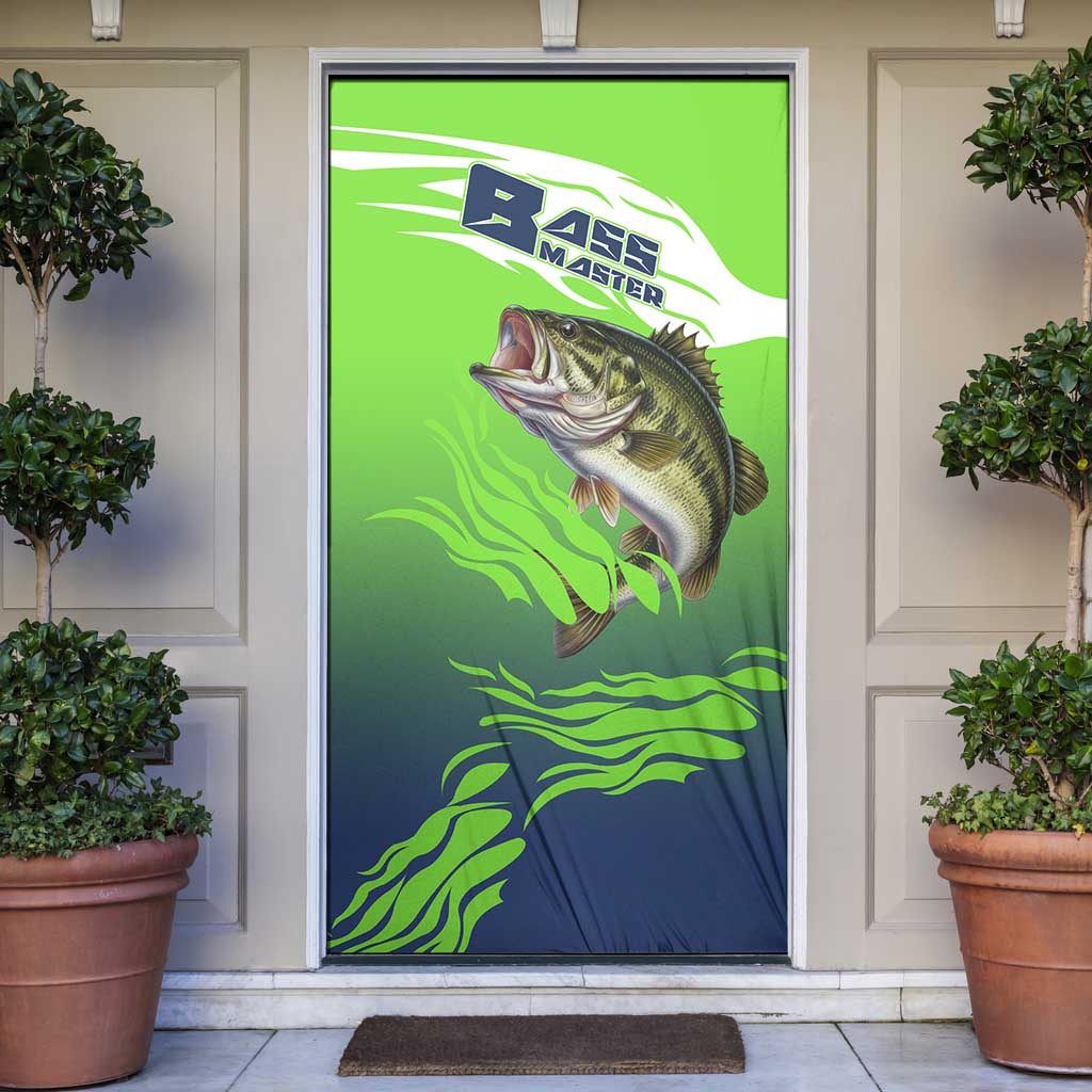 Bass Master Fishing Door Cover with Jumping Largemouth Bass and Green Wave Pattern - Wonder Print Shop