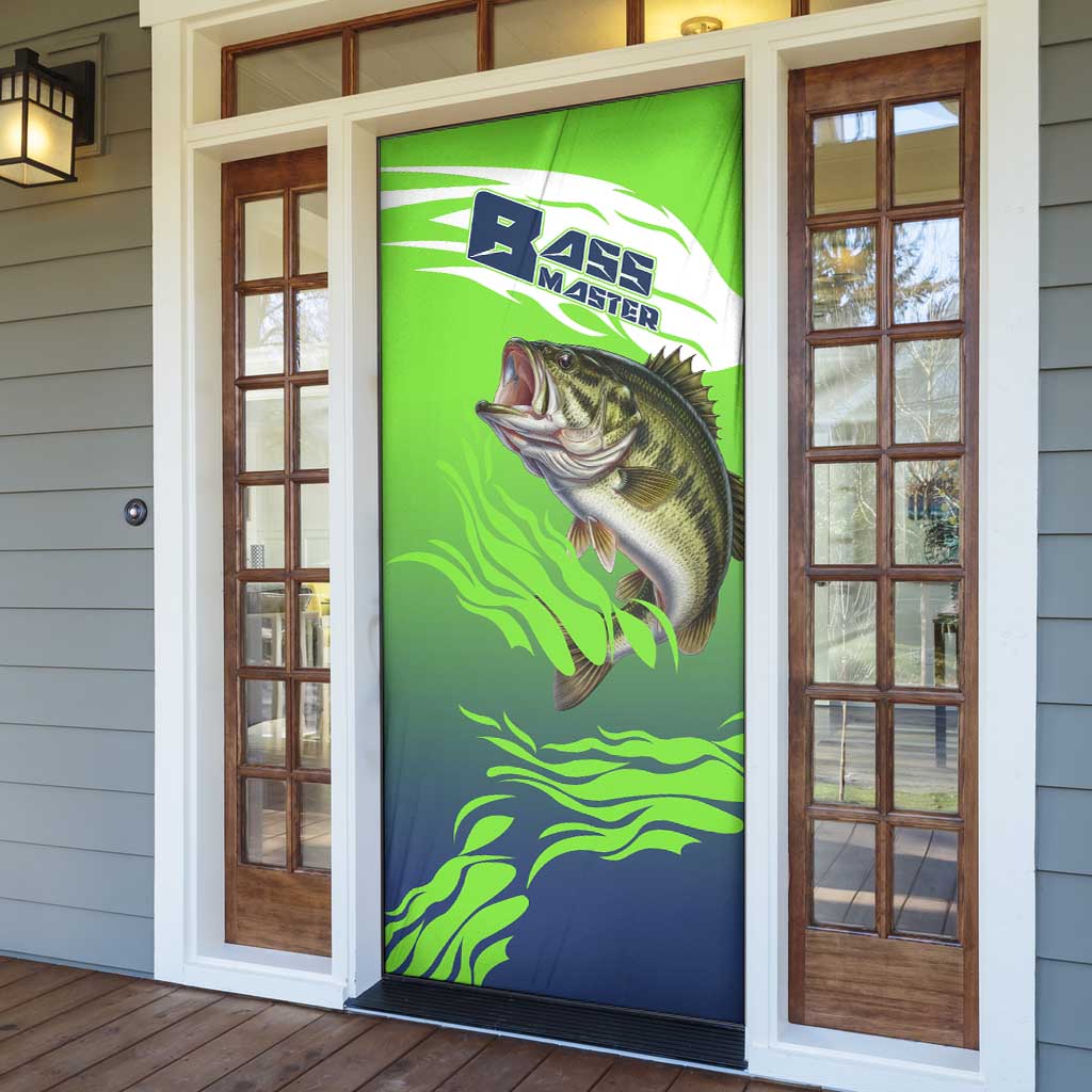 Bass Master Fishing Door Cover with Jumping Largemouth Bass and Green Wave Pattern - Wonder Print Shop