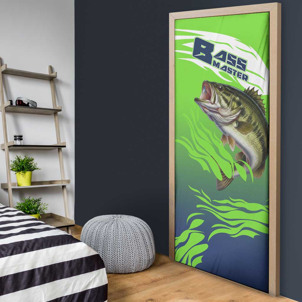 Bass Master Fishing Door Cover with Jumping Largemouth Bass and Green Wave Pattern - Wonder Print Shop