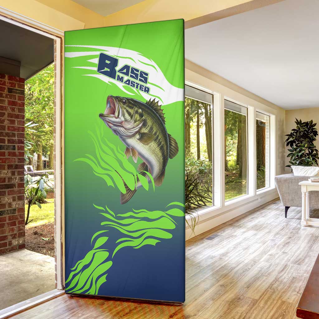 Bass Master Fishing Door Cover with Jumping Largemouth Bass and Green Wave Pattern - Wonder Print Shop
