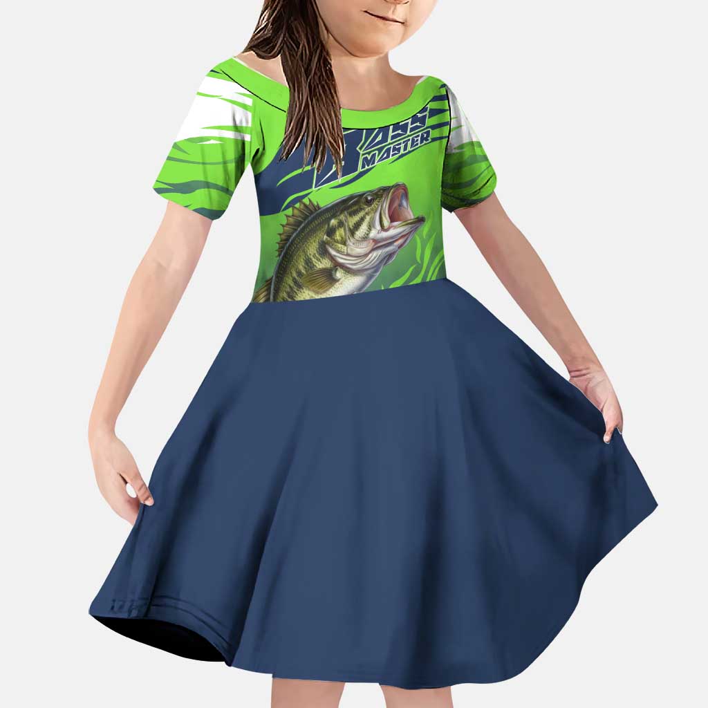Bass Master Fishing Family Matching Long Sleeve Bodycon Dress and Hawaiian Shirt with Jumping Largemouth Bass and Green Wave Pattern - Wonder Print Shop
