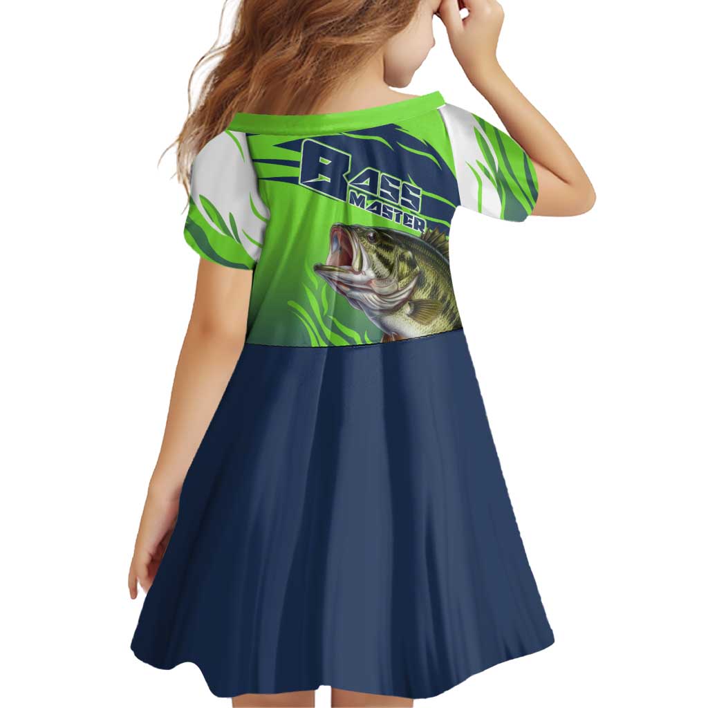 Bass Master Fishing Family Matching Long Sleeve Bodycon Dress and Hawaiian Shirt with Jumping Largemouth Bass and Green Wave Pattern - Wonder Print Shop