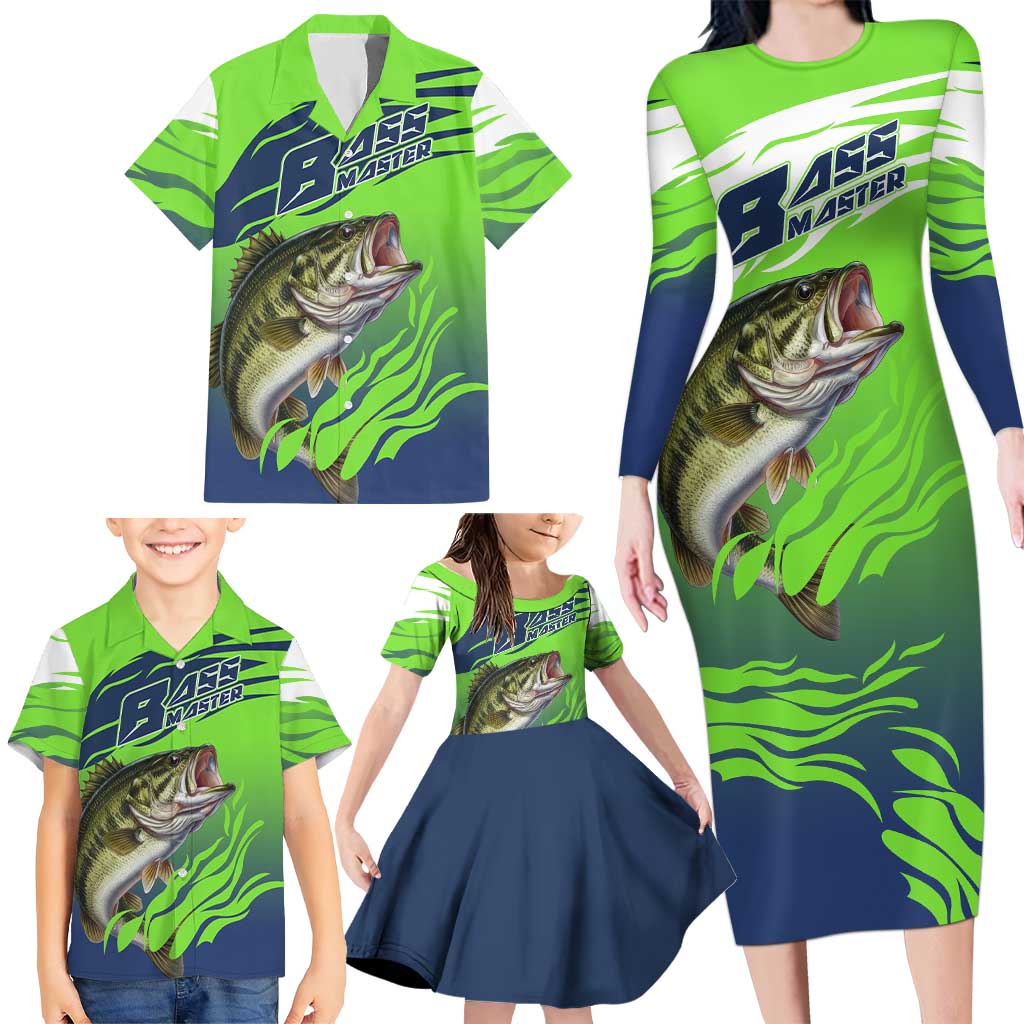 Bass Master Fishing Family Matching Long Sleeve Bodycon Dress and Hawaiian Shirt with Jumping Largemouth Bass and Green Wave Pattern - Wonder Print Shop