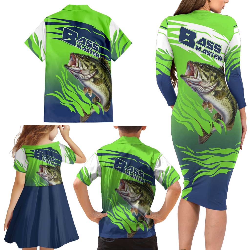 Bass Master Fishing Family Matching Long Sleeve Bodycon Dress and Hawaiian Shirt with Jumping Largemouth Bass and Green Wave Pattern - Wonder Print Shop
