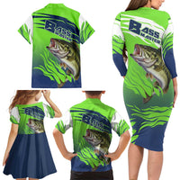 Bass Master Fishing Family Matching Long Sleeve Bodycon Dress and Hawaiian Shirt with Jumping Largemouth Bass and Green Wave Pattern - Wonder Print Shop