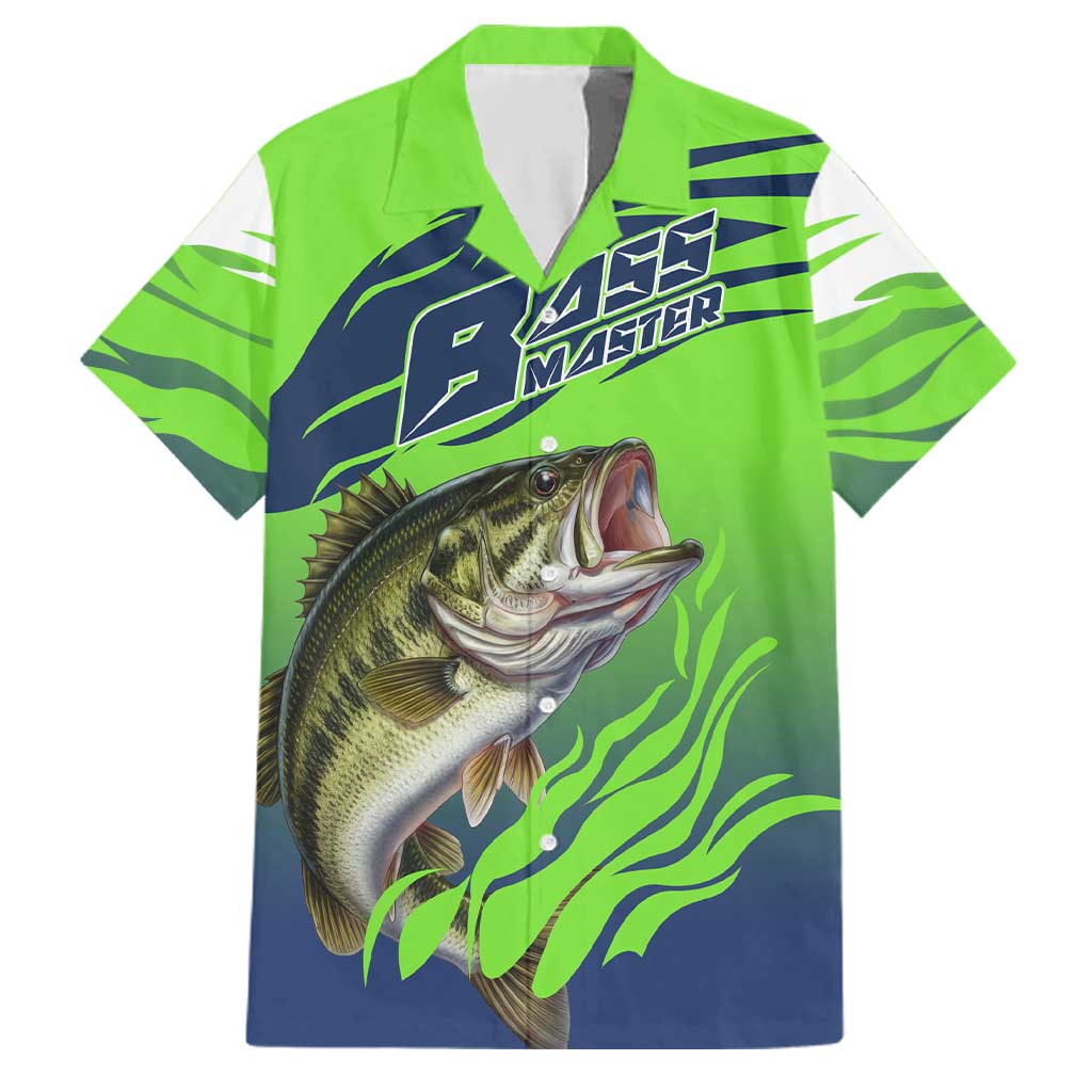 Bass Master Fishing Family Matching Long Sleeve Bodycon Dress and Hawaiian Shirt with Jumping Largemouth Bass and Green Wave Pattern - Wonder Print Shop