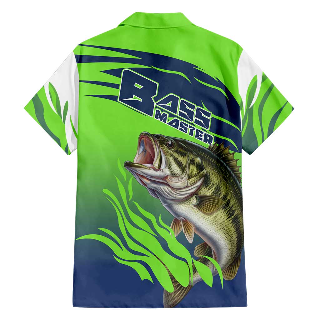 Bass Master Fishing Family Matching Long Sleeve Bodycon Dress and Hawaiian Shirt with Jumping Largemouth Bass and Green Wave Pattern - Wonder Print Shop