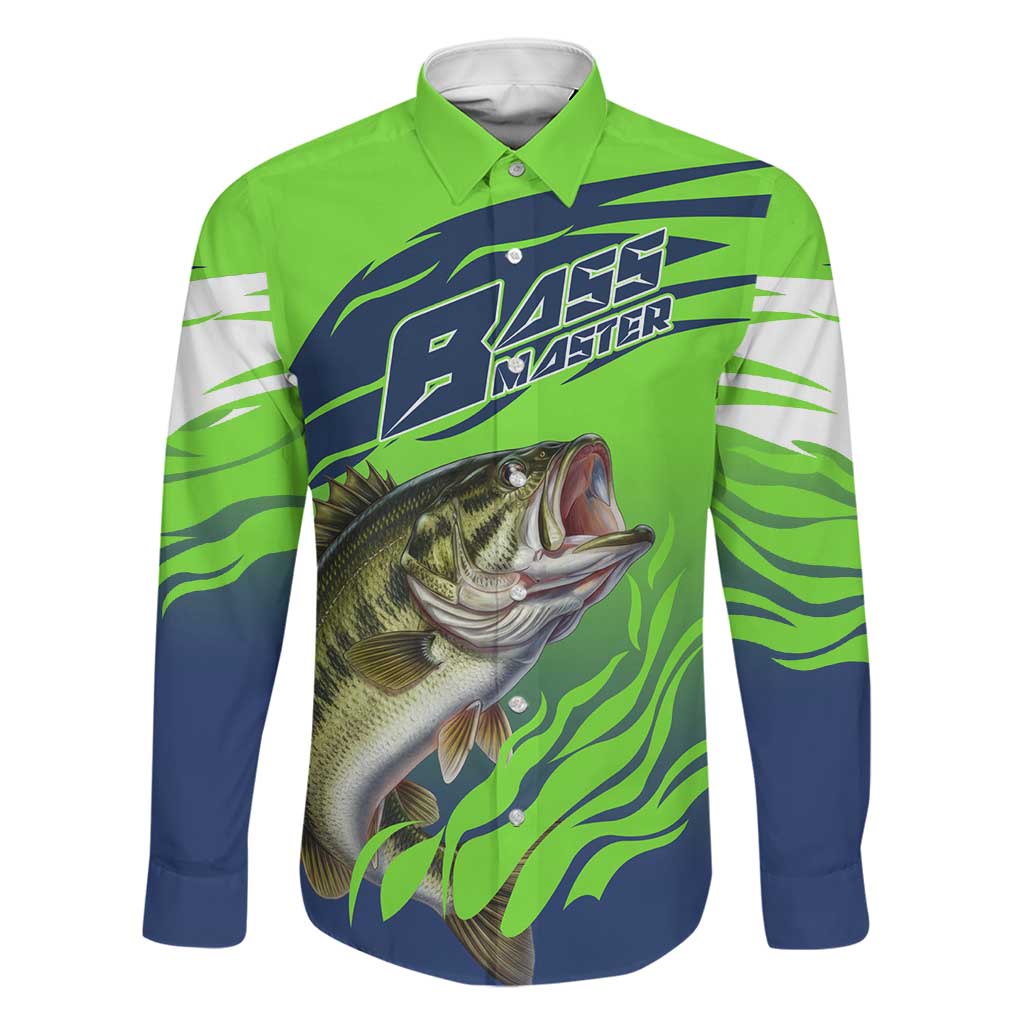 Bass Master Fishing Family Matching Long Sleeve Bodycon Dress and Hawaiian Shirt with Jumping Largemouth Bass and Green Wave Pattern - Wonder Print Shop