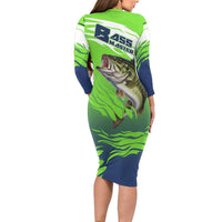Bass Master Fishing Family Matching Long Sleeve Bodycon Dress and Hawaiian Shirt with Jumping Largemouth Bass and Green Wave Pattern - Wonder Print Shop