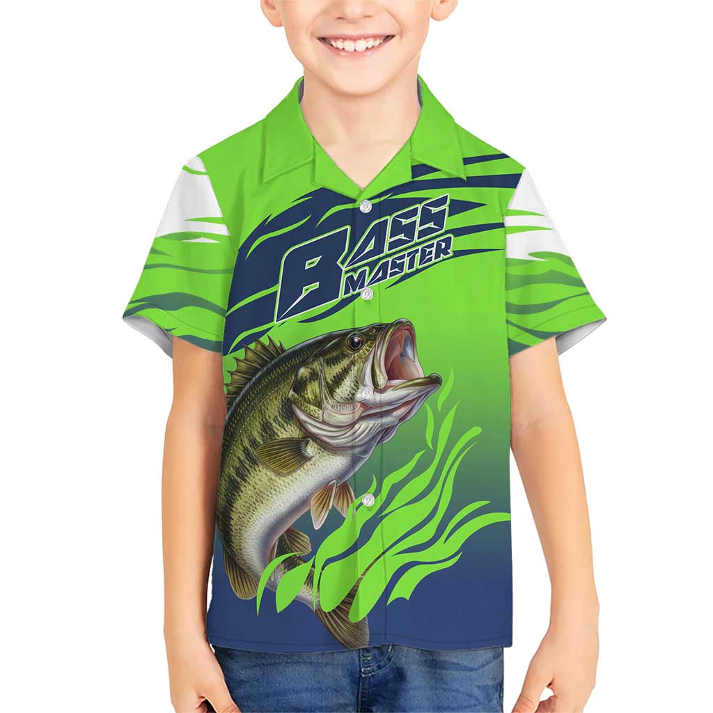 Bass Master Fishing Family Matching Long Sleeve Bodycon Dress and Hawaiian Shirt with Jumping Largemouth Bass and Green Wave Pattern - Wonder Print Shop