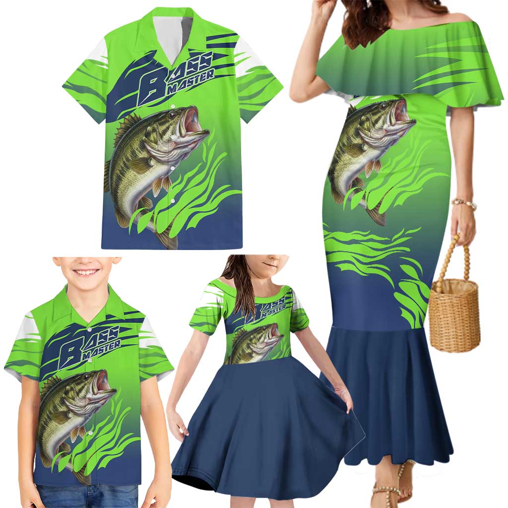 Bass Master Fishing Family Matching Mermaid Dress and Hawaiian Shirt with Jumping Largemouth Bass and Green Wave Pattern - Wonder Print Shop