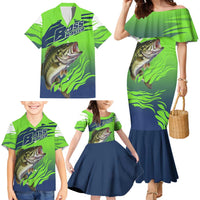Bass Master Fishing Family Matching Mermaid Dress and Hawaiian Shirt with Jumping Largemouth Bass and Green Wave Pattern - Wonder Print Shop
