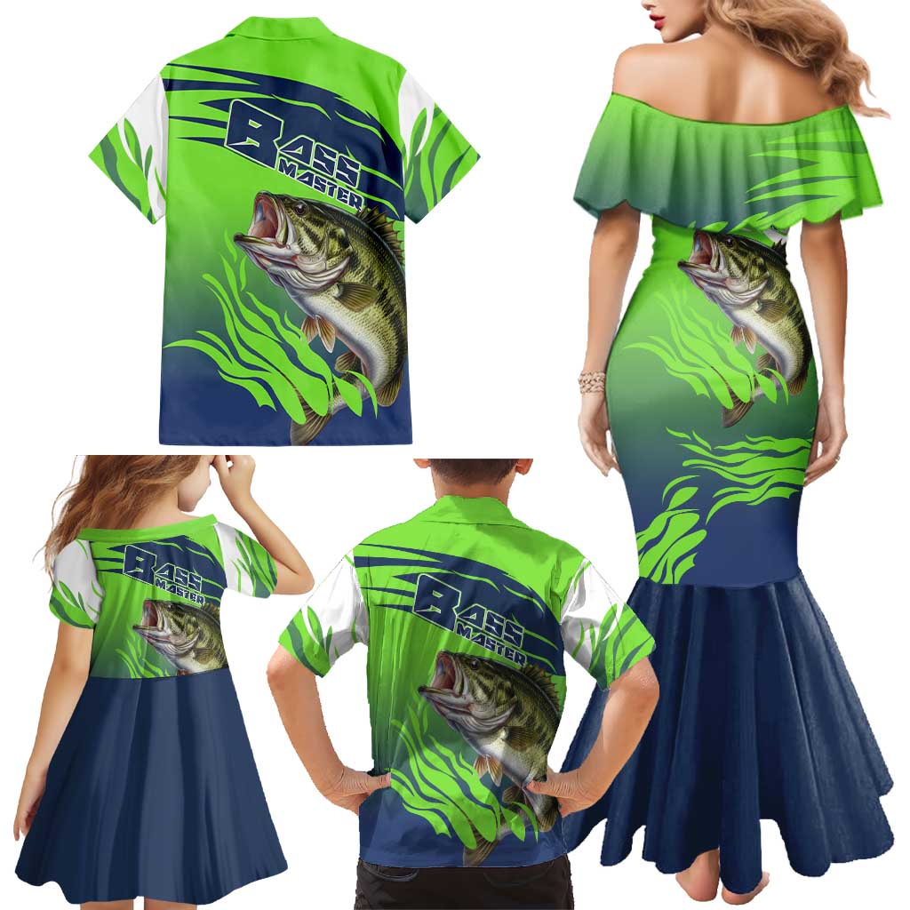 Bass Master Fishing Family Matching Mermaid Dress and Hawaiian Shirt with Jumping Largemouth Bass and Green Wave Pattern - Wonder Print Shop