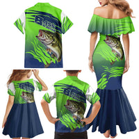 Bass Master Fishing Family Matching Mermaid Dress and Hawaiian Shirt with Jumping Largemouth Bass and Green Wave Pattern - Wonder Print Shop