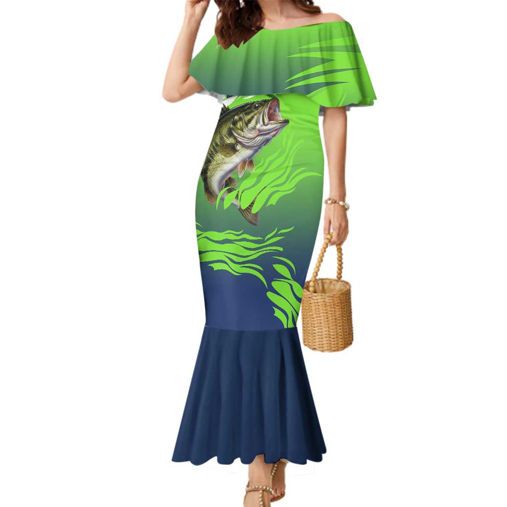 Bass Master Fishing Family Matching Mermaid Dress and Hawaiian Shirt with Jumping Largemouth Bass and Green Wave Pattern - Wonder Print Shop