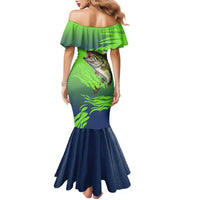 Bass Master Fishing Family Matching Mermaid Dress and Hawaiian Shirt with Jumping Largemouth Bass and Green Wave Pattern - Wonder Print Shop
