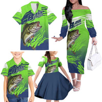 Bass Master Fishing Family Matching Off The Shoulder Long Sleeve Dress and Hawaiian Shirt with Jumping Largemouth Bass and Green Wave Pattern - Wonder Print Shop