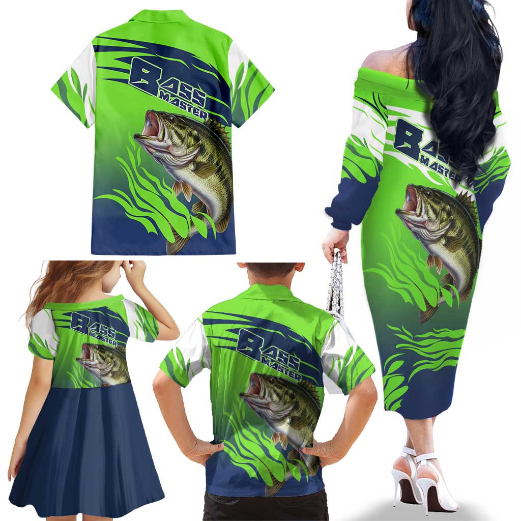 Bass Master Fishing Family Matching Off The Shoulder Long Sleeve Dress and Hawaiian Shirt with Jumping Largemouth Bass and Green Wave Pattern - Wonder Print Shop