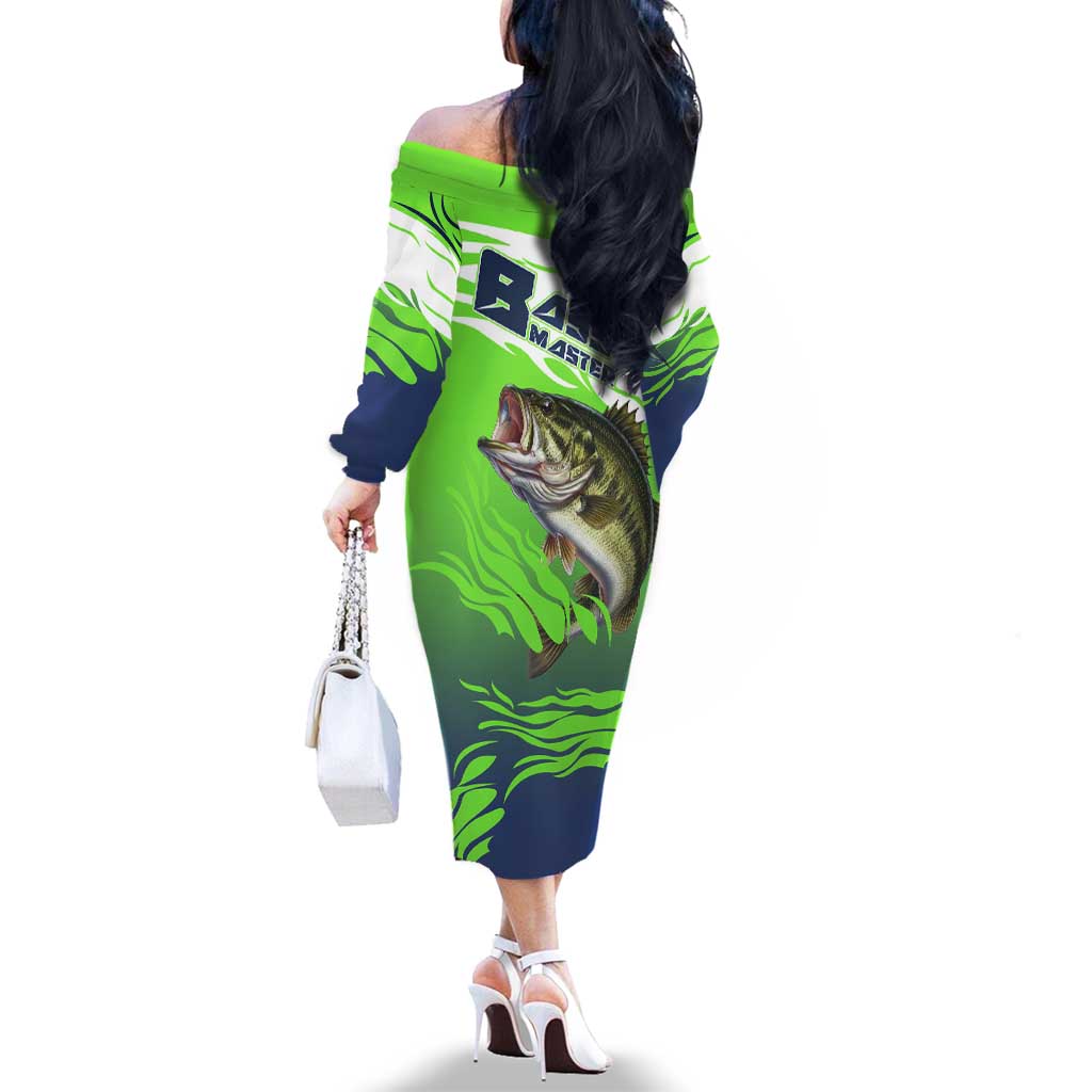 Bass Master Fishing Family Matching Off The Shoulder Long Sleeve Dress and Hawaiian Shirt with Jumping Largemouth Bass and Green Wave Pattern - Wonder Print Shop