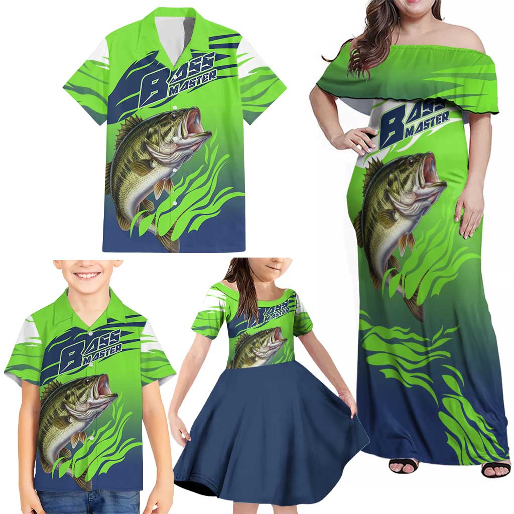 Bass Master Fishing Family Matching Off Shoulder Maxi Dress and Hawaiian Shirt with Jumping Largemouth Bass and Green Wave Pattern - Wonder Print Shop