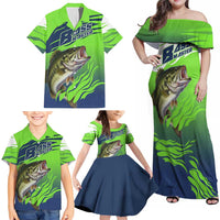 Bass Master Fishing Family Matching Off Shoulder Maxi Dress and Hawaiian Shirt with Jumping Largemouth Bass and Green Wave Pattern - Wonder Print Shop