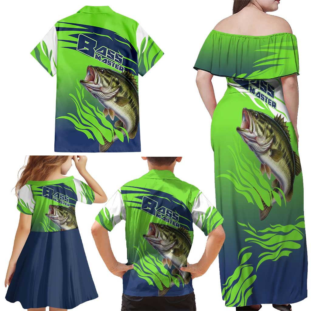 Bass Master Fishing Family Matching Off Shoulder Maxi Dress and Hawaiian Shirt with Jumping Largemouth Bass and Green Wave Pattern - Wonder Print Shop